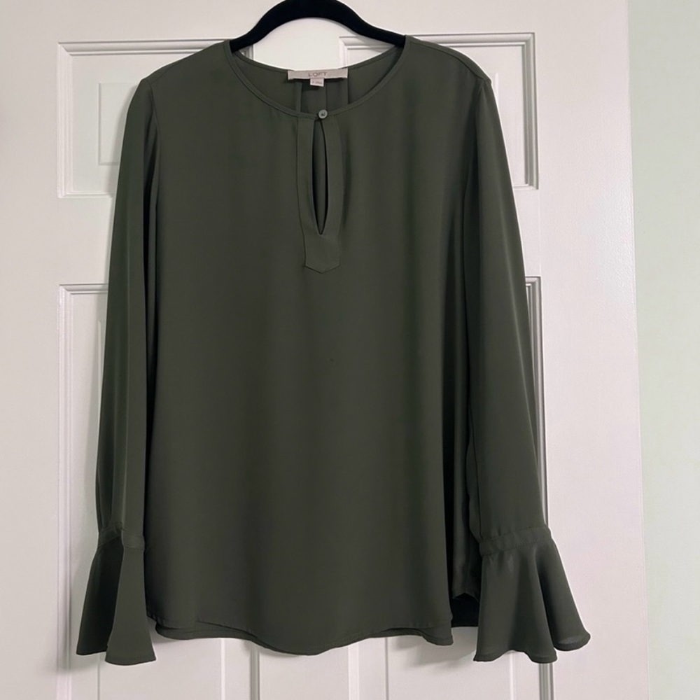 LOFT Green Bell Sleeve Blouse with Mandarin Collar